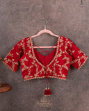 Beautiful Elbow sleeves blouse in red with gold floral vines work