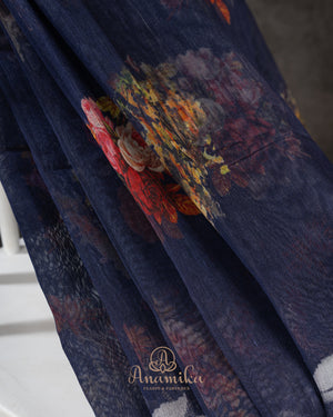 Royal Blue Handloom Lenin saree with digital floral prints