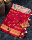 Mysore crepe silk saree in a lovely color combo of peach and crimson red