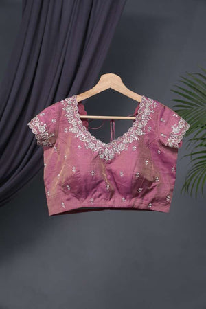 Pink tissue blouse with zardosi work
