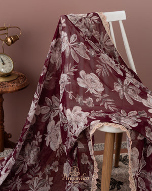 Brown Floral Chinnon saree with a contrast beige handwork blouse