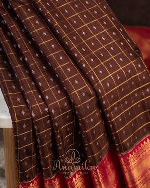 Brown kanjeevaram saree with a contrast dark pink border and Patola blouse