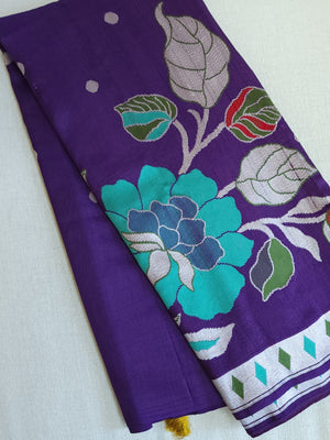 Tusser georgette saree in purple with all over floral weave and paired with pure paithani blouse