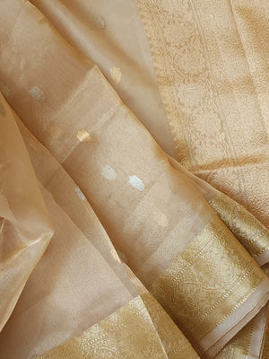Banarasi Gold Tissue saree paired with a contrast maroon blouse