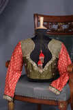Bandini Gharchola in a lovely olive green shade with kalamkari pallu
