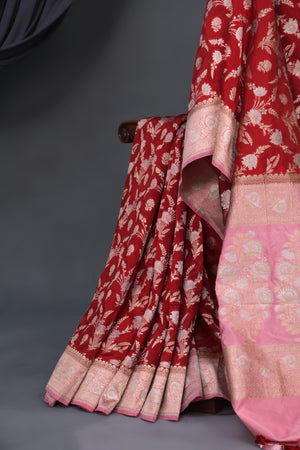 Rich Red and Blush Banarasi Silk Saree