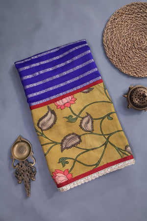 Royal Blue chanderi silk saree with hand painted kalamkari border