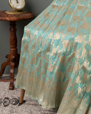 Pastel Blue banarasi silk saree with contrast off white work blouse