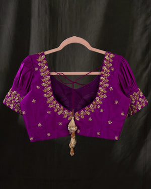 Deep purple Kanchipattu saree with contrast magenta gap border