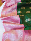 Unique Dark green and peach pink Venkatagiri Pattu saree