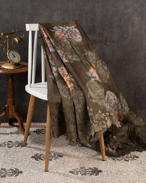 Olive green Handloom Lenin saree with digital floral prints