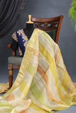A lovely organza saree in shaded yellow with a dark blue designer blouse