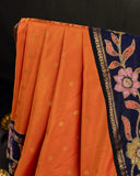 Deep orange Gadwal saree with handcrafted kalamkari appliqué work Border