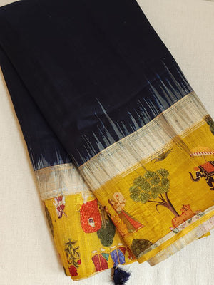 Light weight dupion saree in blue with contrast yellow kalamkari border