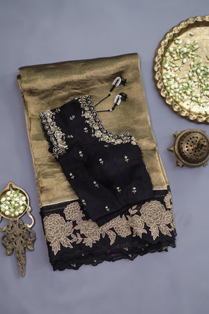 Banarasi tissue saree in stunning black and antique gold combo