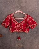 Beautiful Elbow sleeves blouse in red with gold floral vines work