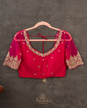 Hot Pink blouse with intricate embroidery and net sleeves