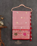 Pink Banarasi kora with a beautiful contrast red meenakari floral border