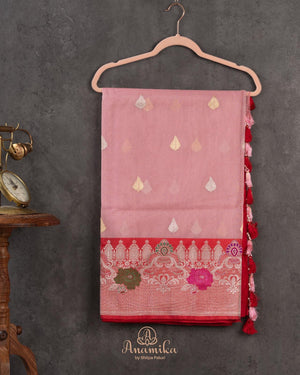 Pink Banarasi kora with a beautiful contrast red meenakari floral border