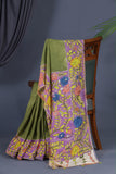 Parrot Green falling silk with hand painted kalamkari border
