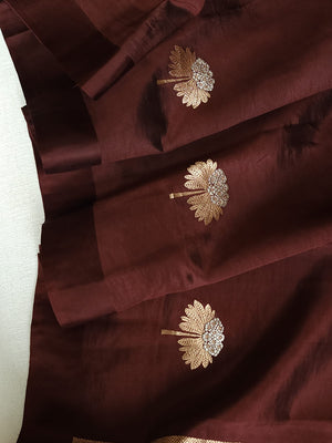 Pure raw mango silk saree in chocolate brown with mauve pink blouse