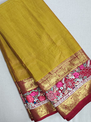 Mustard kanjeevaram saree in mustard with thread work border