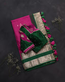 Kanchipattu saree in the most beautiful festive colors of hot pink and green