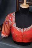 Aqua blue Gadwal saree with meenakari floral border in orange