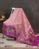 Mauve Pink Banarasi kora with a beautiful contrast purple meenakari floral border