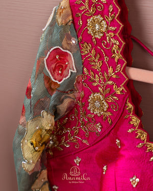 Grey Floral Chinnon saree with a contrast handwork blouse