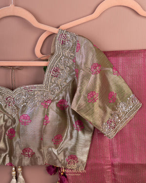 Designer Kanjeevaram saree in pink with floral woven motifs