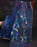 Dark blue muslin jamdaani saree with inter woven sequins