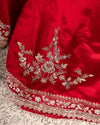 Dark red satin organza saree with silver zardosi work