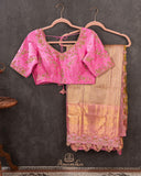 Gold kanjeevaram with contrast pink border and maggam work border