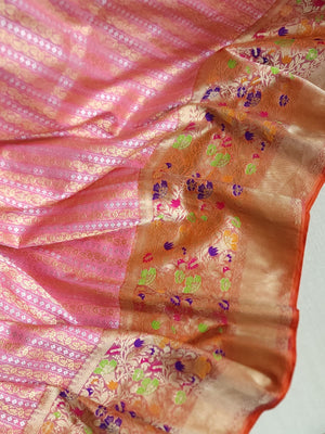 Peach Pink Banarasi saree with beautiful floral meena border