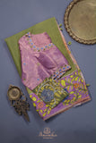 Parrot Green falling silk with hand painted kalamkari border