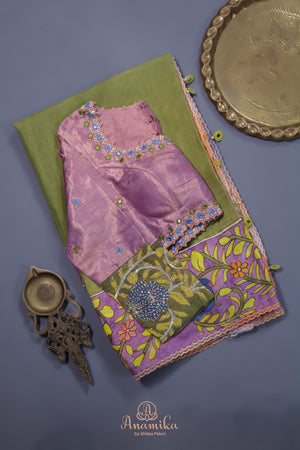 Parrot Green falling silk with hand painted kalamkari border