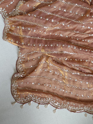Copper Brown tissue saree with all over sequins embroidery