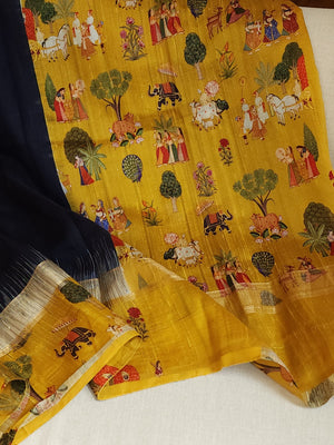 Light weight dupion saree in blue with contrast yellow kalamkari border