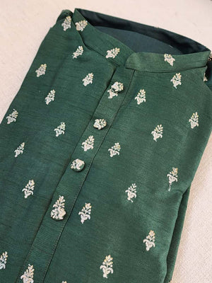 Dark bottle green chanderi silk kurta with silver Zari buttas