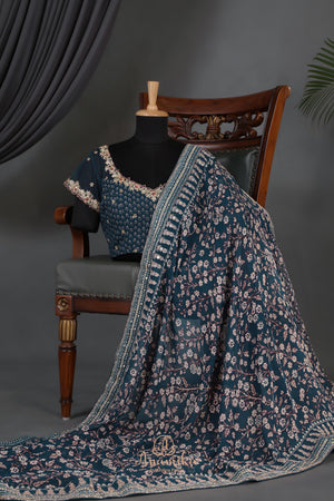 Deep teal blue Georgette saree
