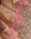 Gold kanjeevaram with contrast pink border and maggam work border