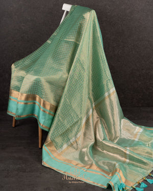 Green tissue soft silk saree with checkered design