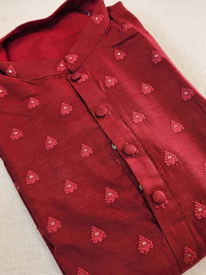 Maroon chanderi silk kurta with small thread work buttas