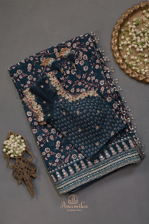 Deep teal blue Georgette saree