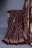 Earthy brown ajrak saree with swaroski stone work