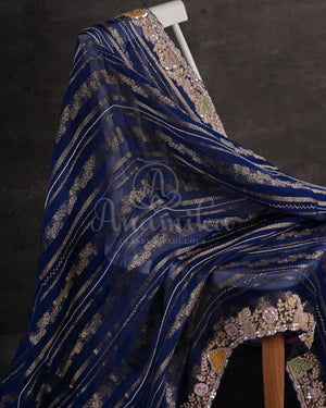 Mid Night Blue Goergette Organza saree with zari lines all over