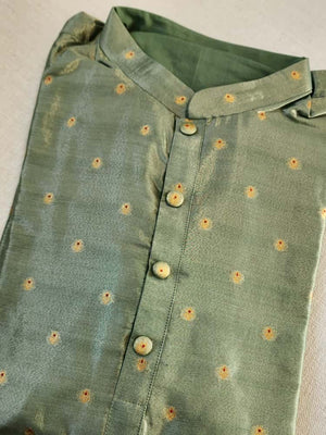 A tissue silk kurta in sage green with Zari woven buttas