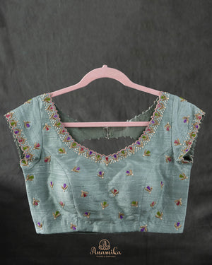 Tissue organza saree with hand painted floral appliq work