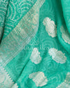 Teal green Banarasi chiffon saree with chikankari work all over